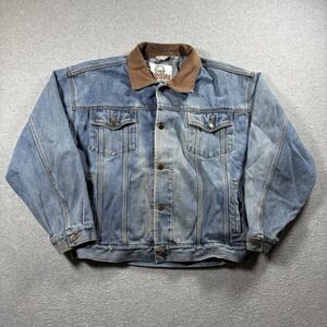 VTG 90s Woodlake Denim Jacket Leather Collar Trucker Jacket Men XL Blue Workwear